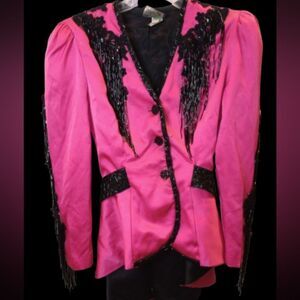VINTAGE RARE HUEY WALTZER for DARCY pink beaded fringe dress suit coat women